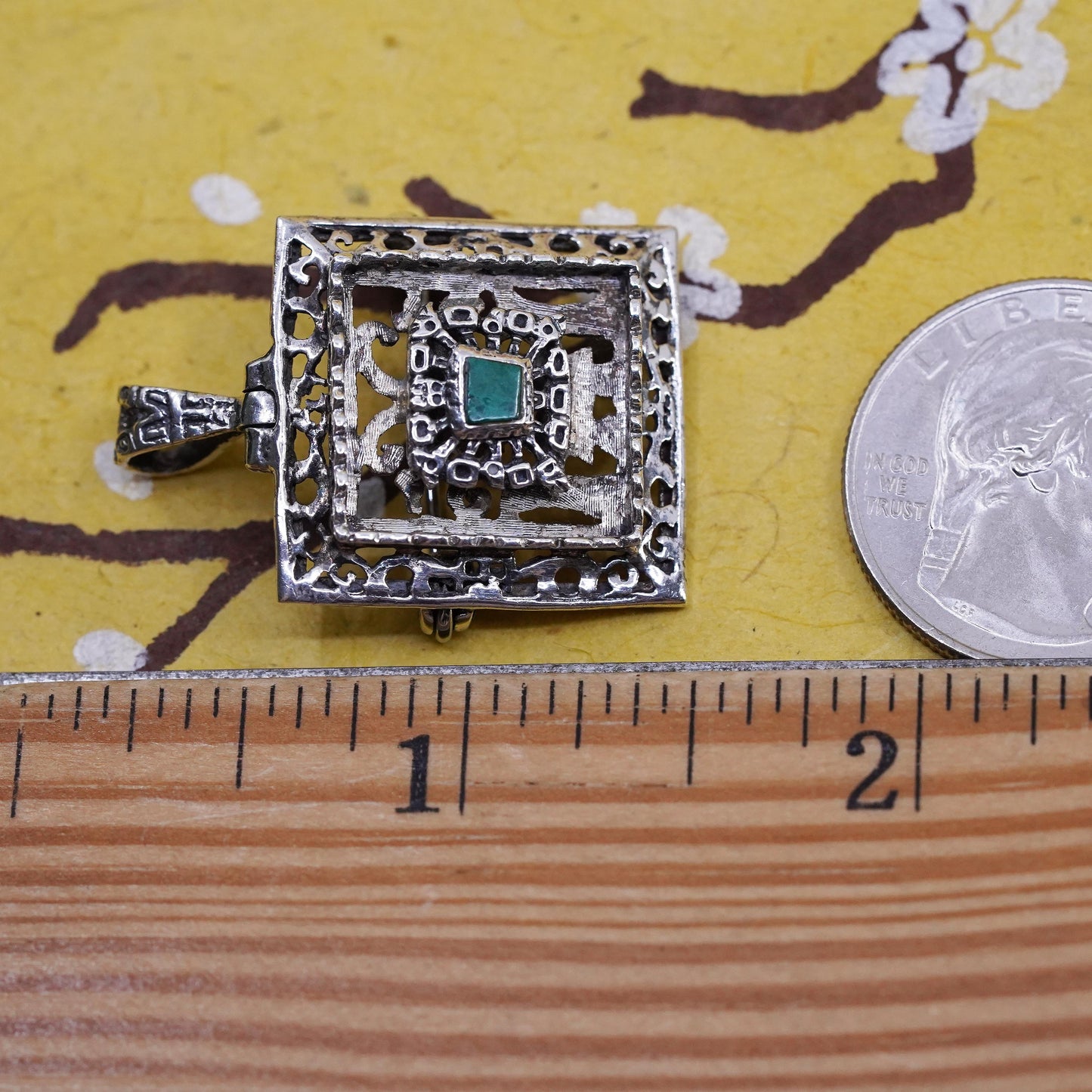 Taxco Mexico 925 Sterling Silver Green Stone Pendant Brooch Aztec Mayan Jewelry