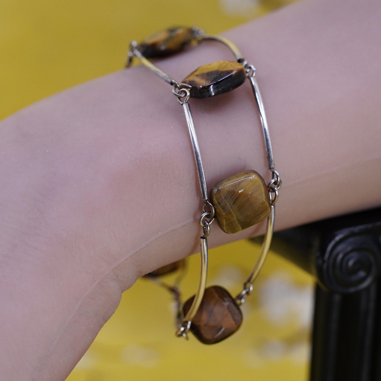 7", vintage 925 Sterling silver handmade bracelet, tube chain golden tiger eye