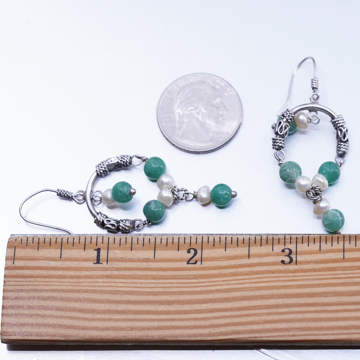 Vintage Sterling 925 silver handmade wired circle earrings jade pearl beads