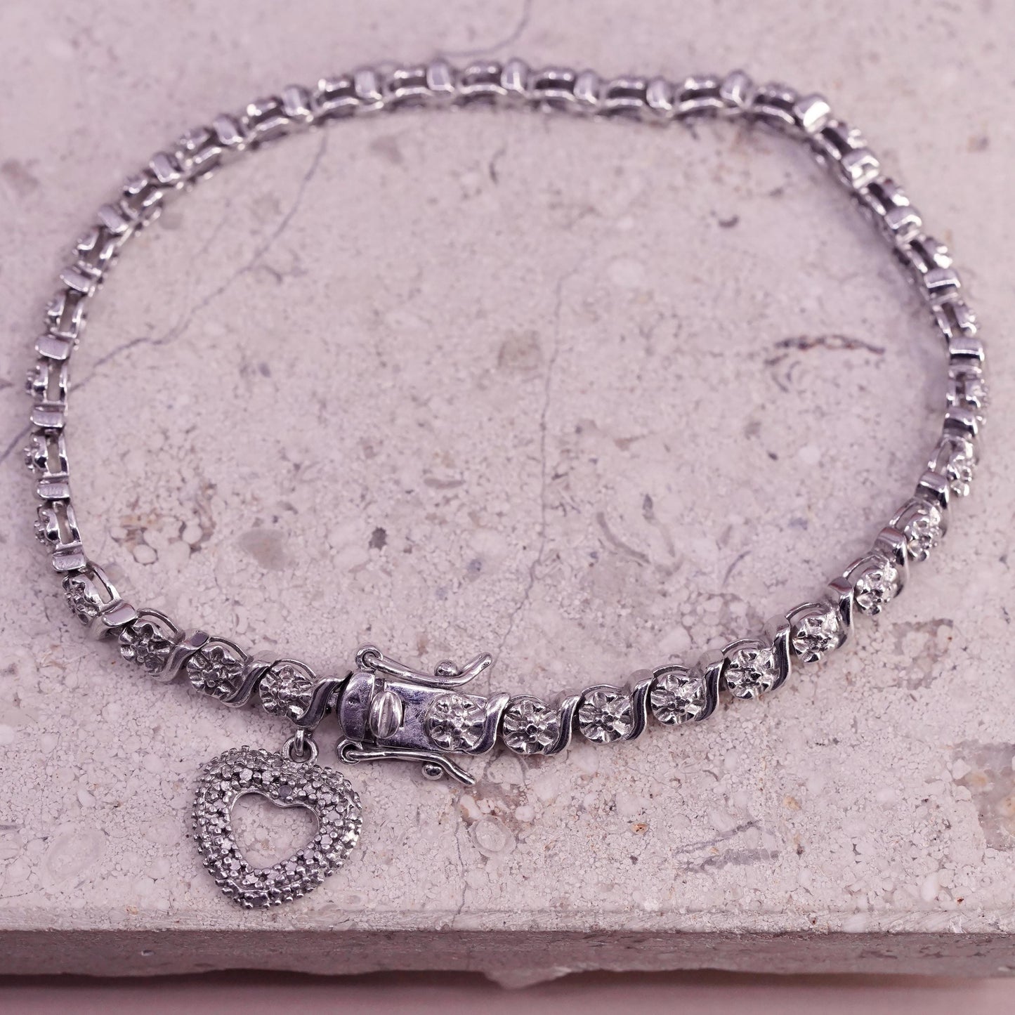 7", vintage sterling 925 silver tennis floral bracelet with diamond details