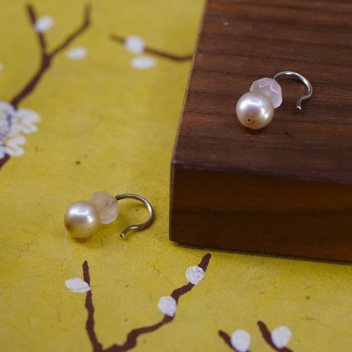 Vintage Sterling silver handmade earrings, 925 studs pearl pink quartz drops