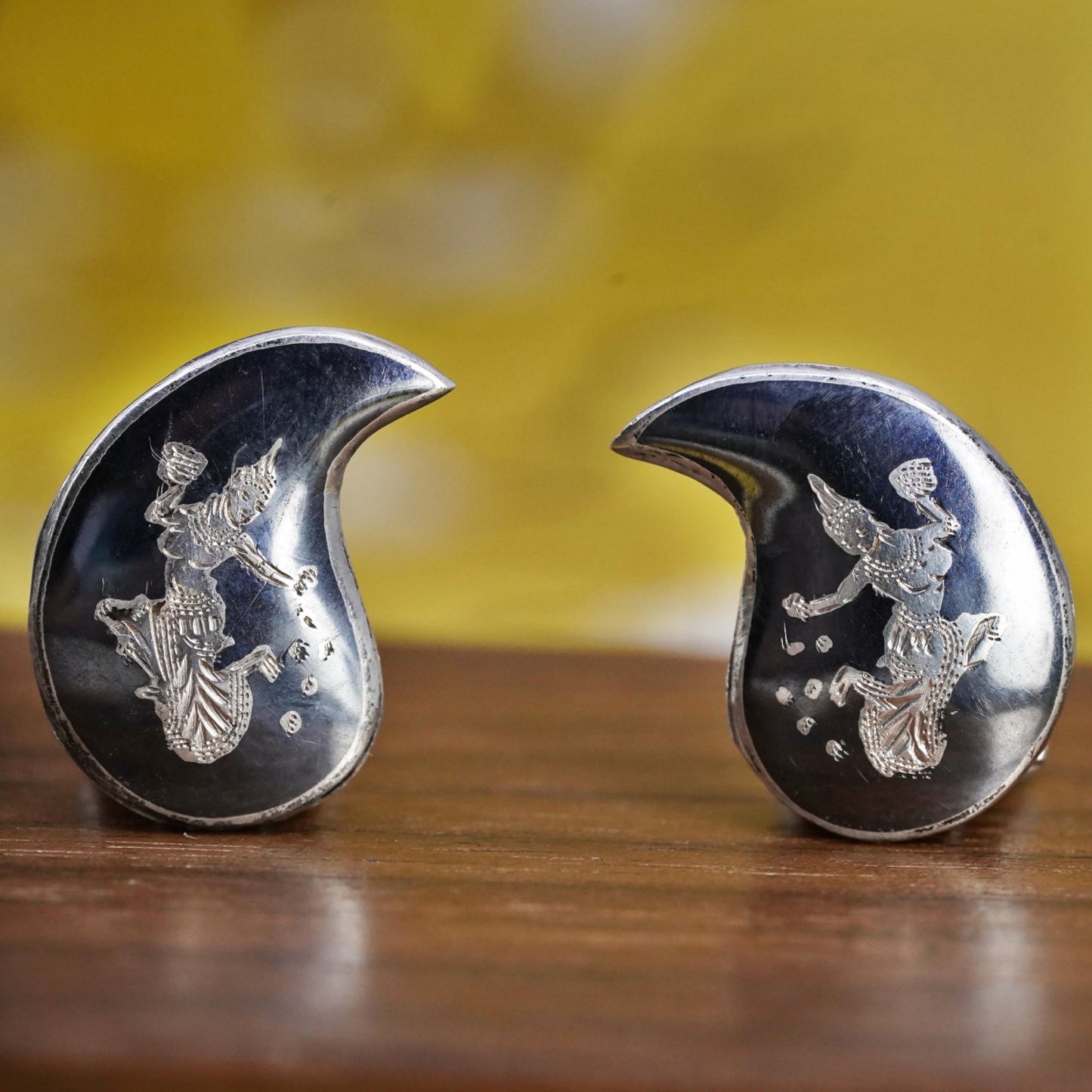 Siam sterling silver clip on earrings, 925 India teardrop earrings, niello