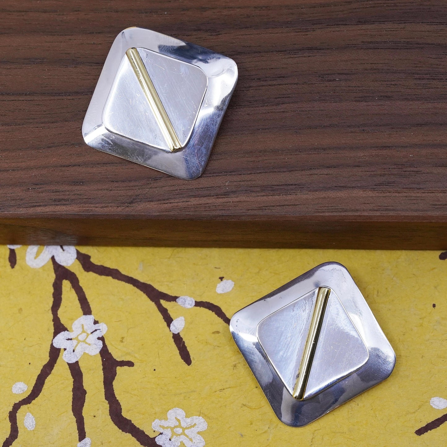 Mexican two tone Sterling silver square earrings, 925 clip on with brass tube