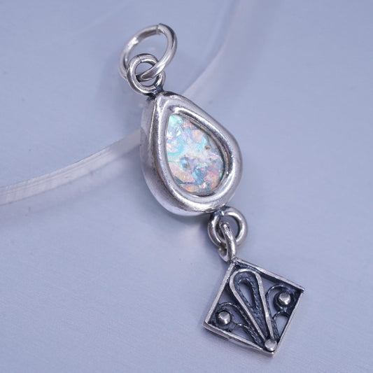 Vintage sterling 925 silver filigree teardrop pendant with dragon breath glass