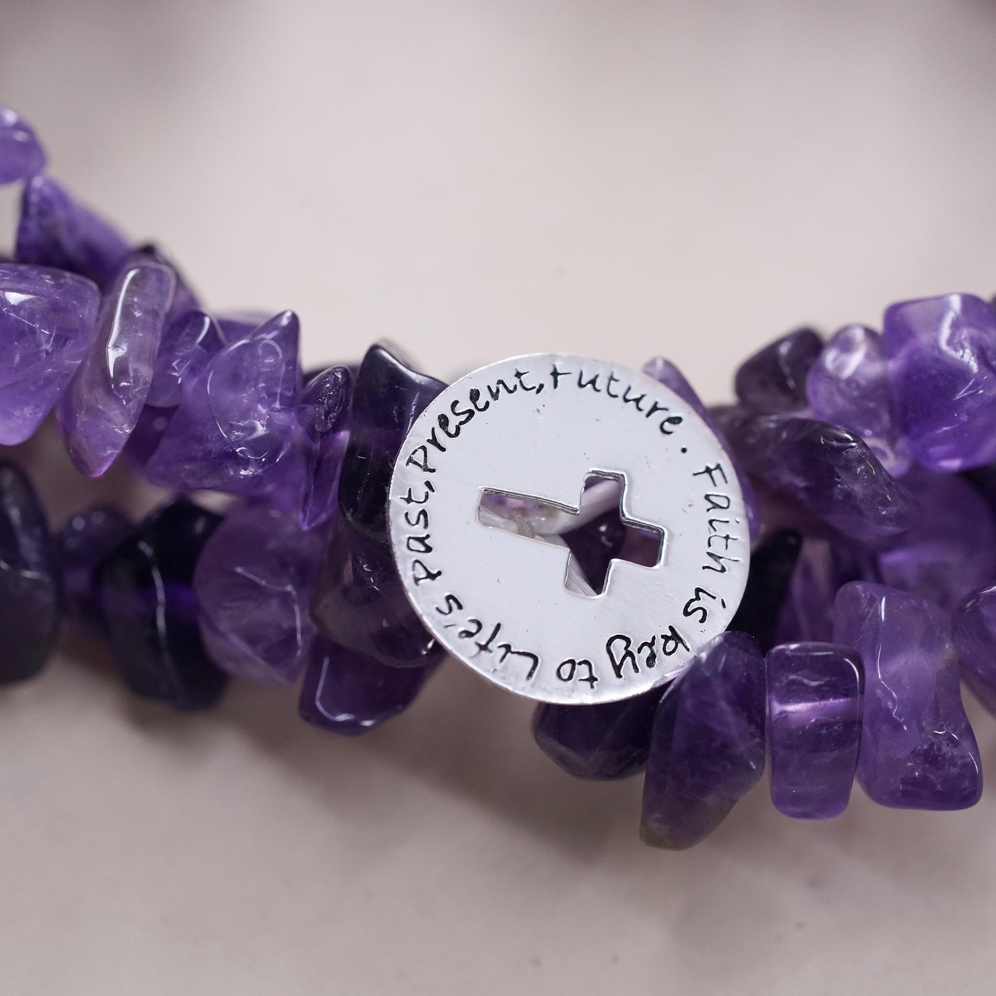 6.5", amethyst beads bracelet stretchy band sterling 925 silver cross charm
