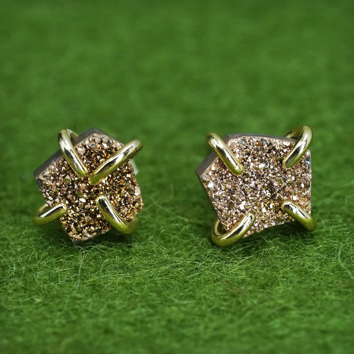 Vintage sterling 925 silver genuine golden druzy cz studs, earrings