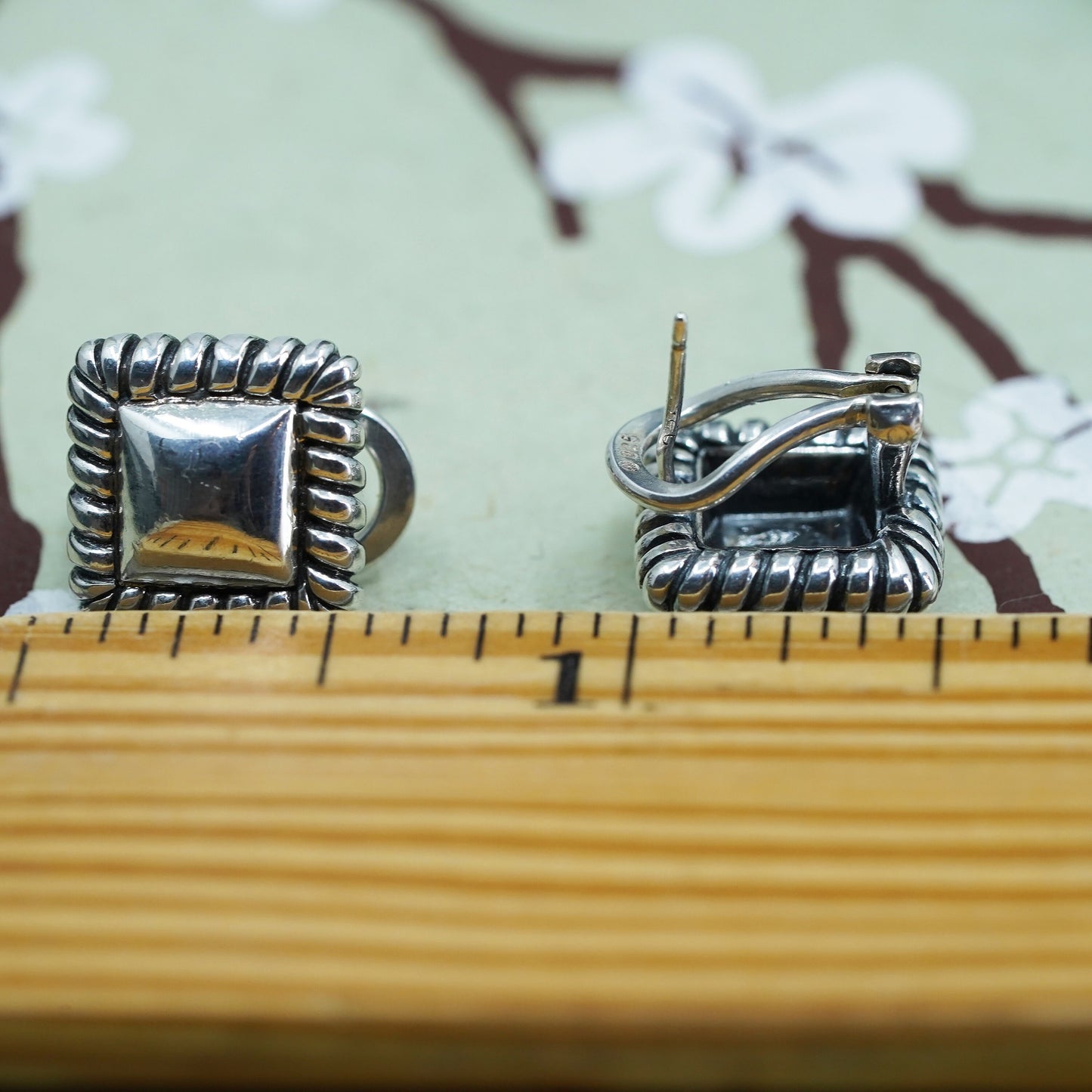 Vintage sterling silver handmade earrings, 925 square studs and cable around
