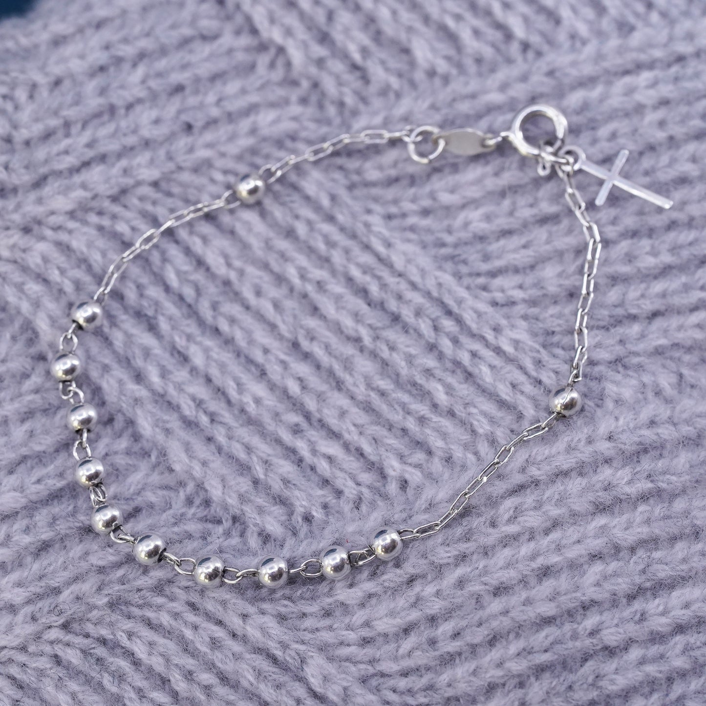 7.75", vintage Sterling silver handmade bracelet, 925 beads chain cross charm