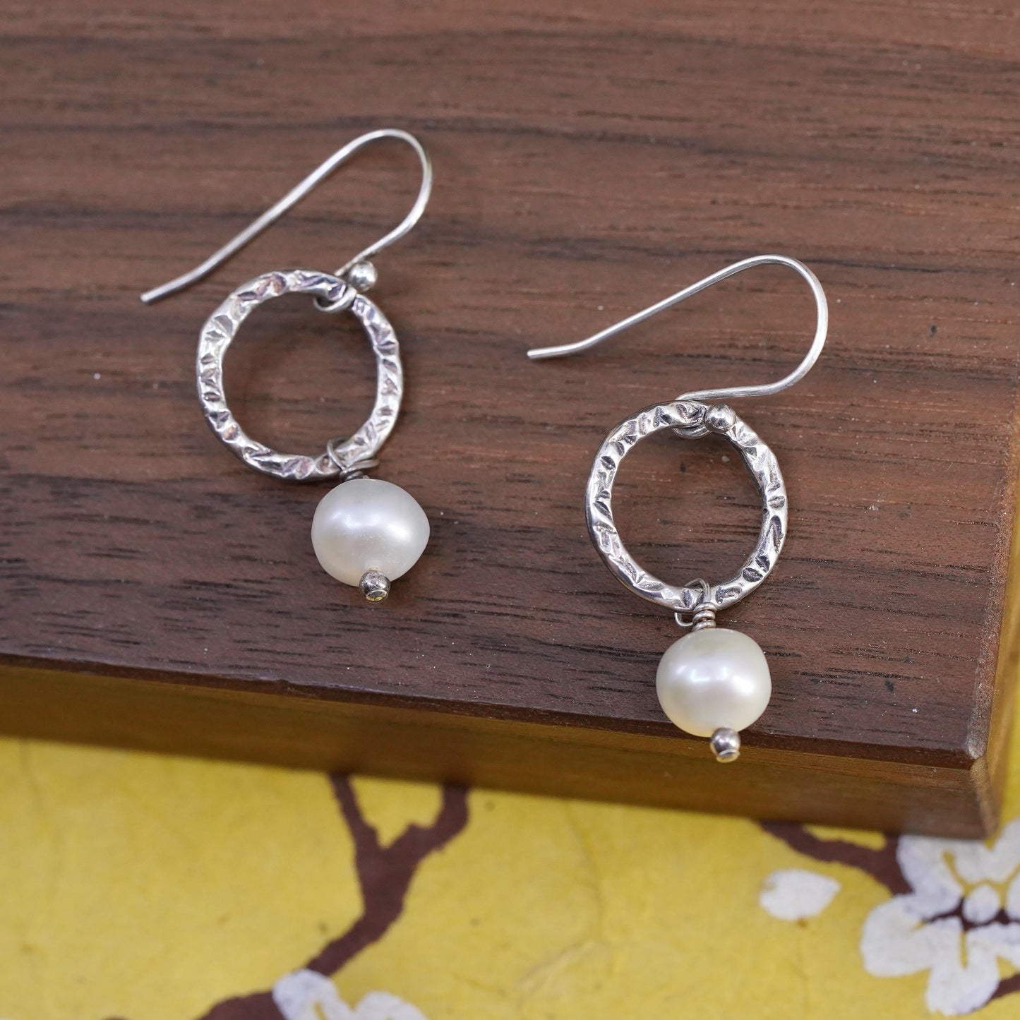 Vintage Sterling silver handmade earrings, 925 circle with pearl drops