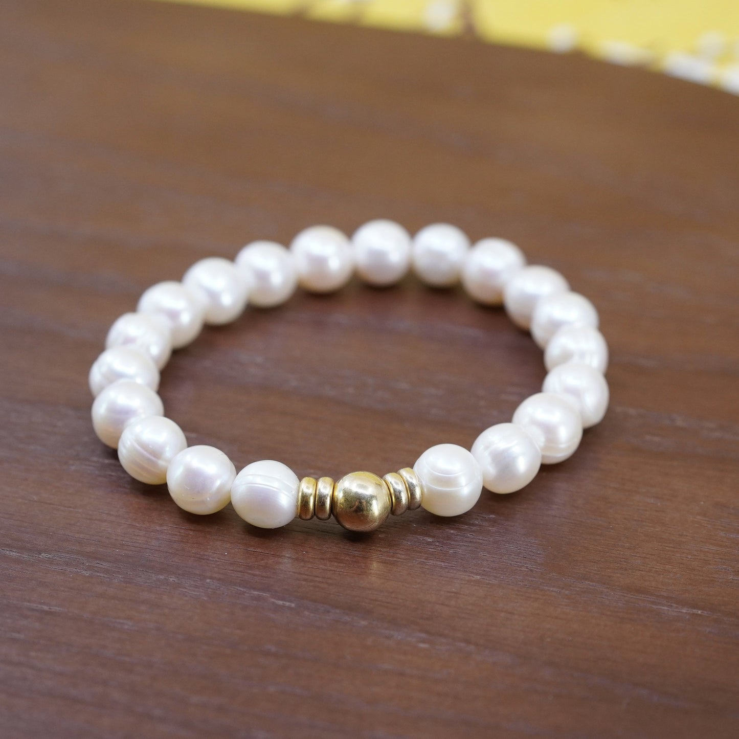 7”, Italian yellow gold over Sterling silver bead 10mm pearl elastic bracelet