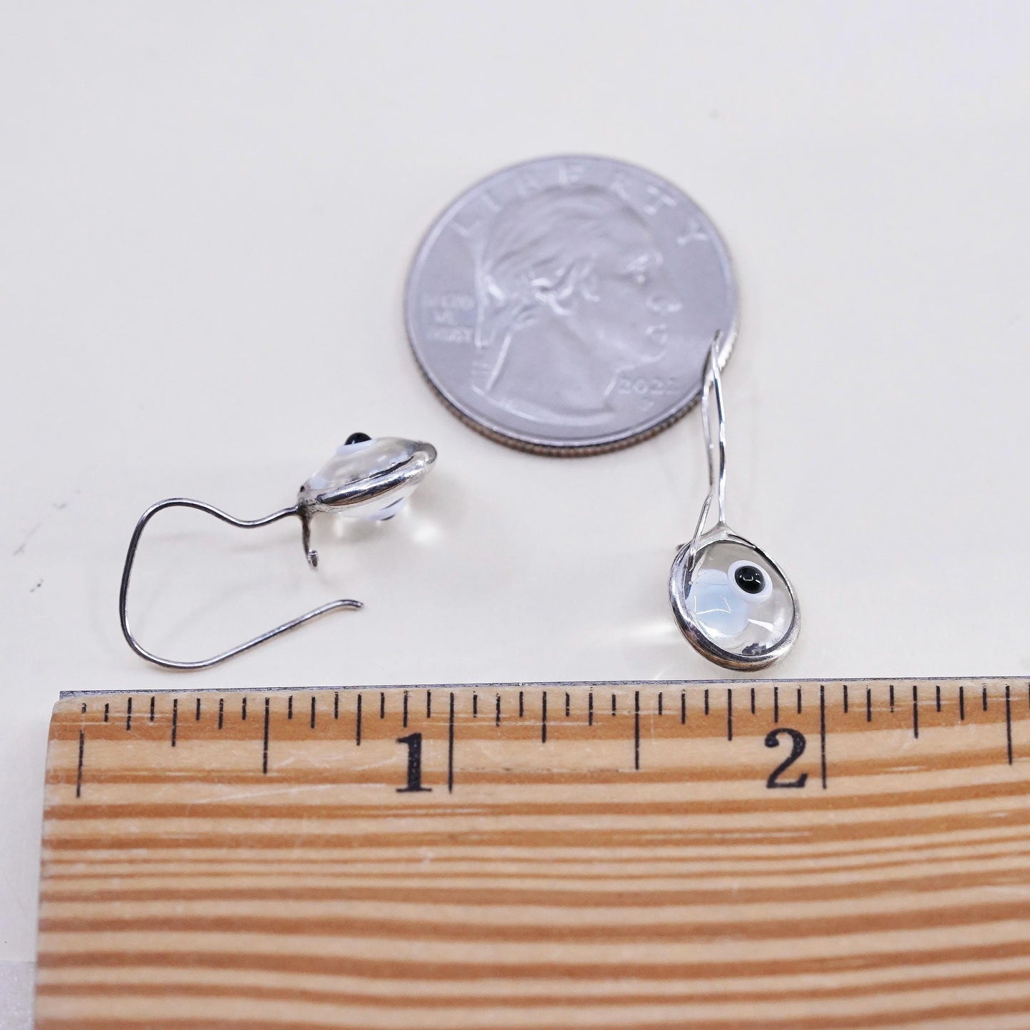 Vintage 925 Sterling silver handmade earrings with glass evil eye dangles