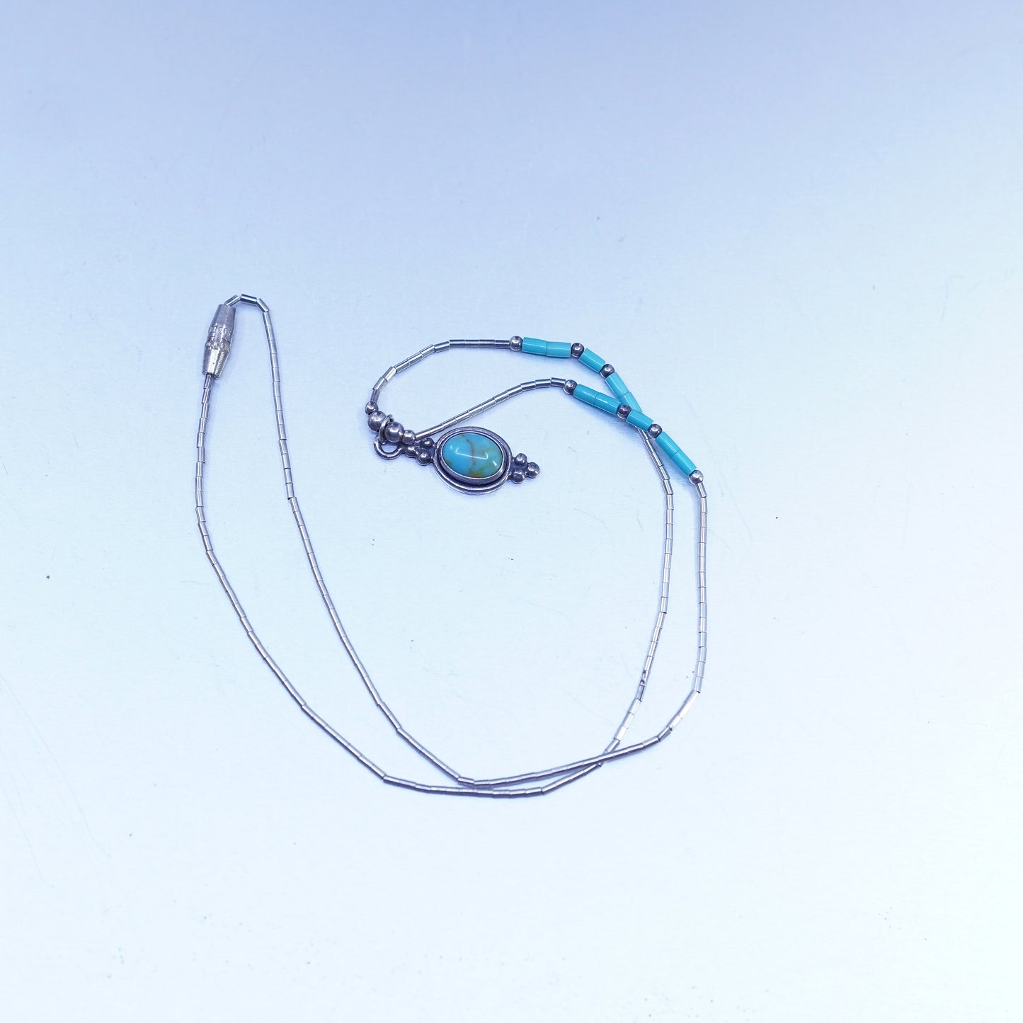 16”, Native American Sterling 925 liquid silver necklace with turquoise pendant