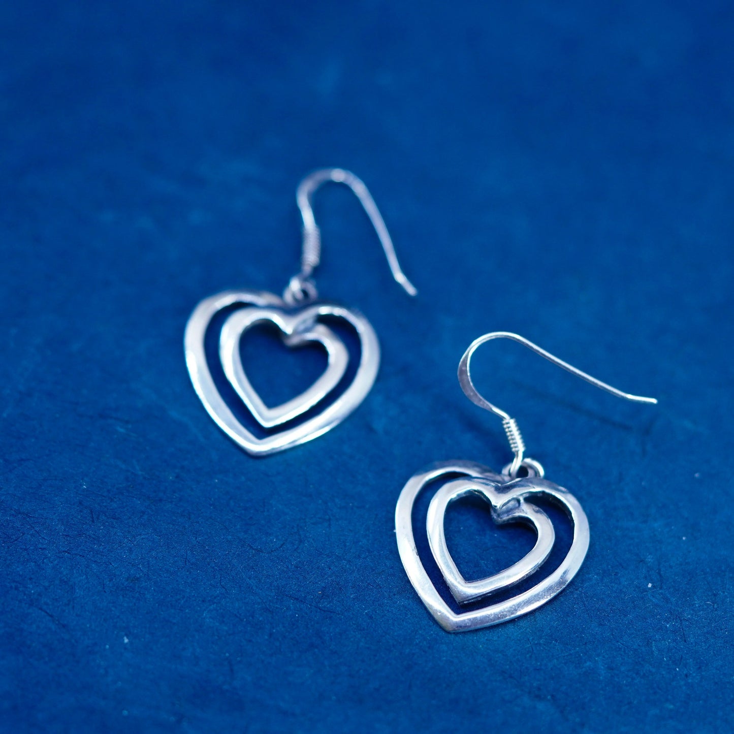 Vintage Sterling Silver handmade Earrings. 925 double heart dangles