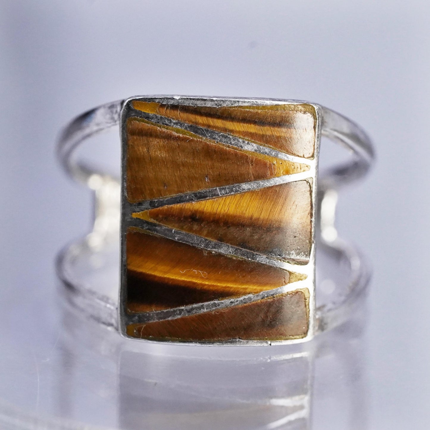 Size 8, vintage Sterling 925 silver handmade ring with golden tiger eye inlay