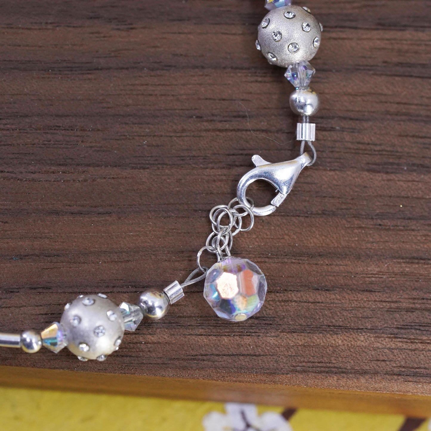 6.5”, Sterling silver beads bracelet, 925 bar chain with pearl crystal beads