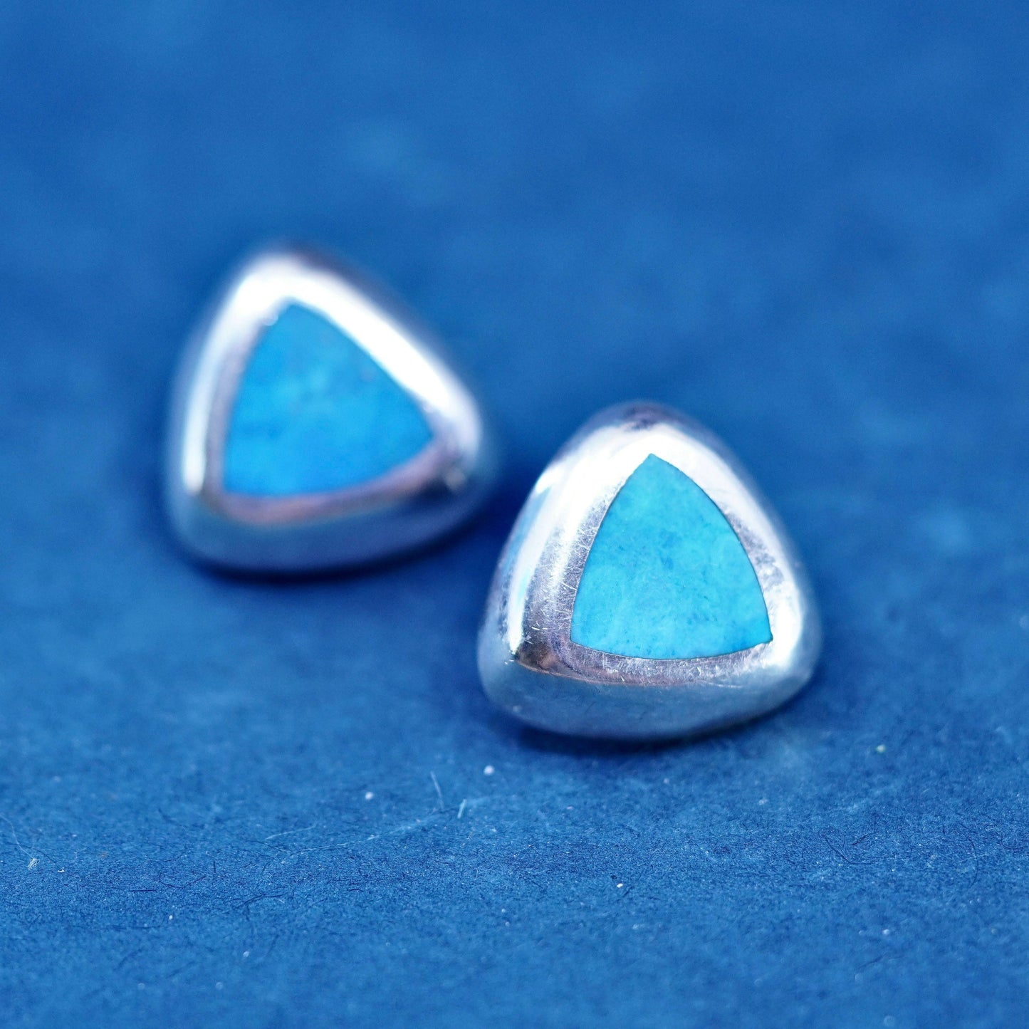 sterling silver handmade earrings, 925 triangular studs with denim lapis lazuli