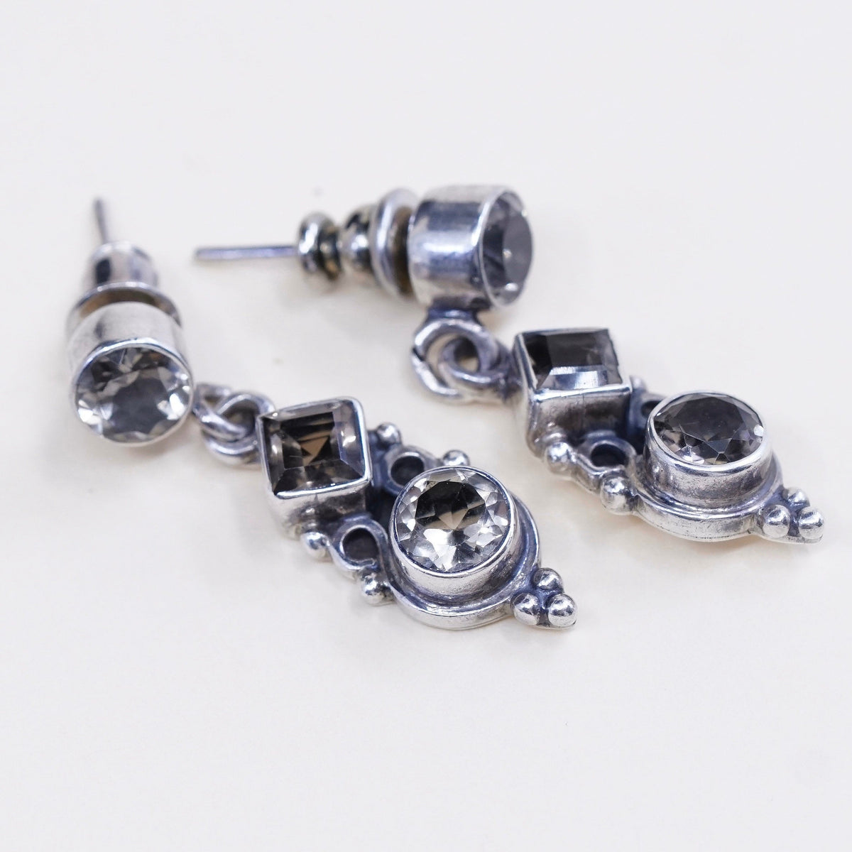 Vintage sterling silver handmade earrings, 925 with smoky topaz drops