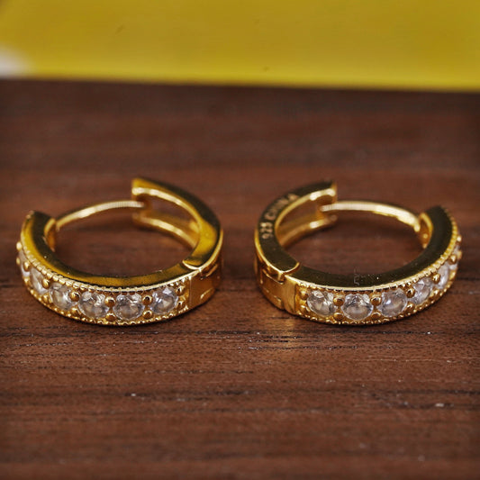 0.5", vintage vermeil gold over Sterling silver earrings, 925 huggie hoops cz