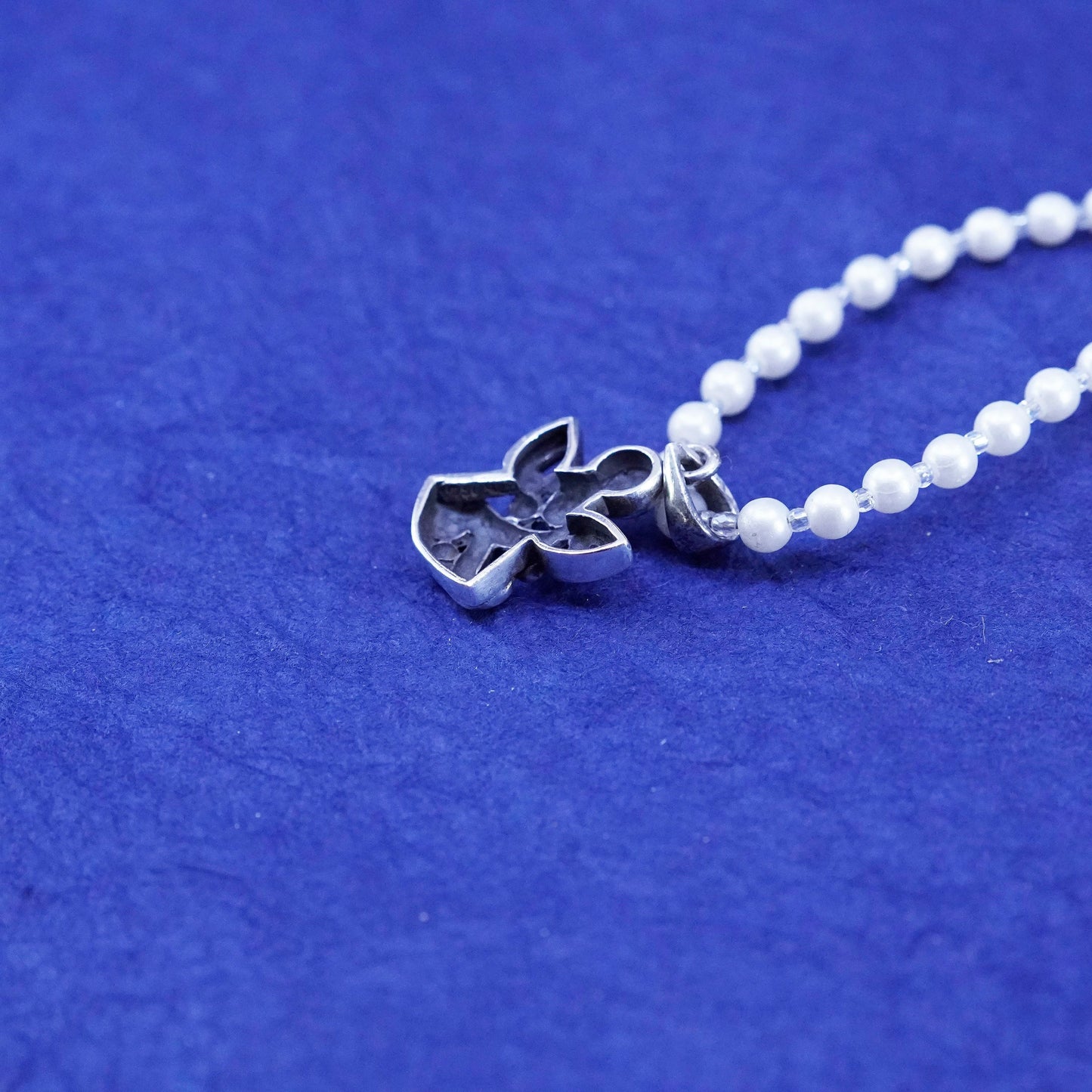 18”, vintage silver tone necklace, faux pearl beaded chain with filigree Angel