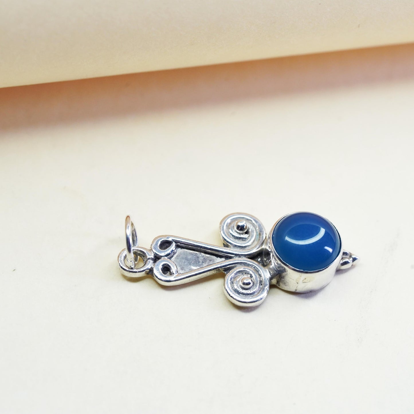 vintage handmade sterling 925 silver pendant with blue onyx and spiral details