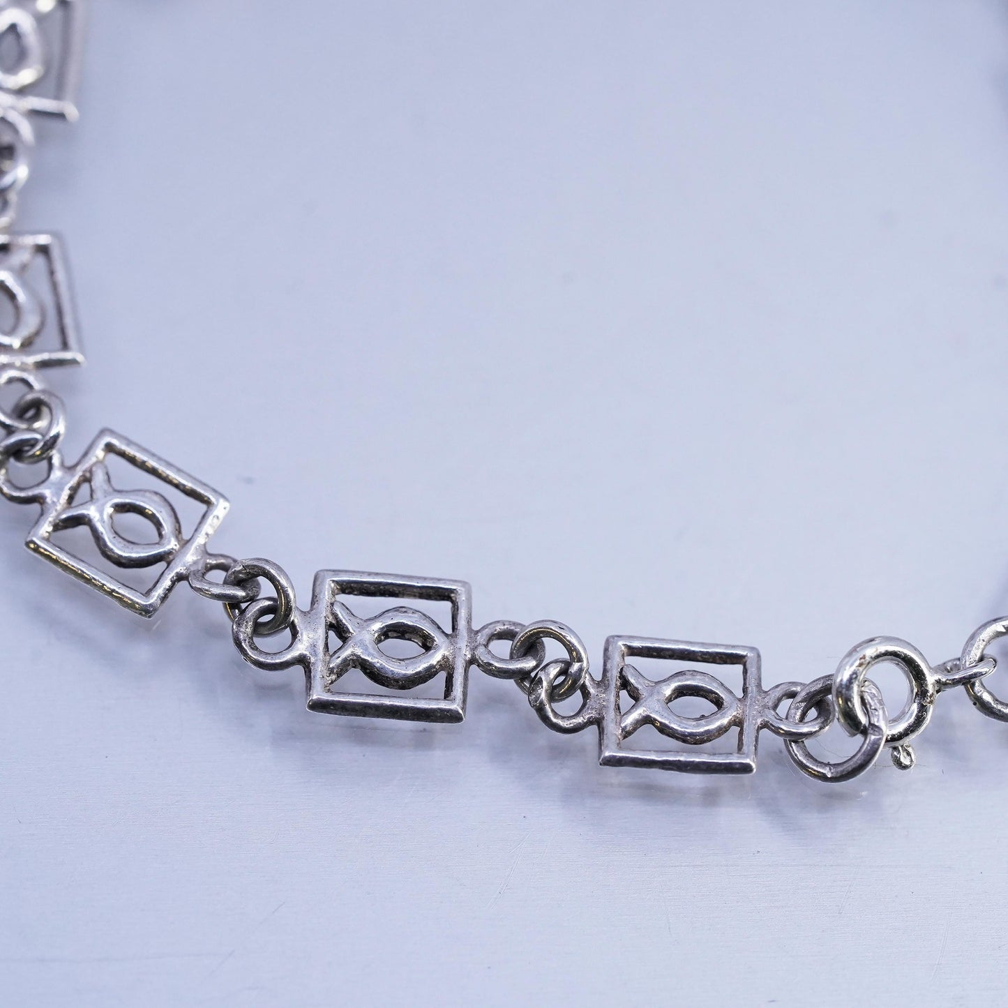 7", Vintage Sterling Silver Handmade Bracelet, 925 fish symbol link chain