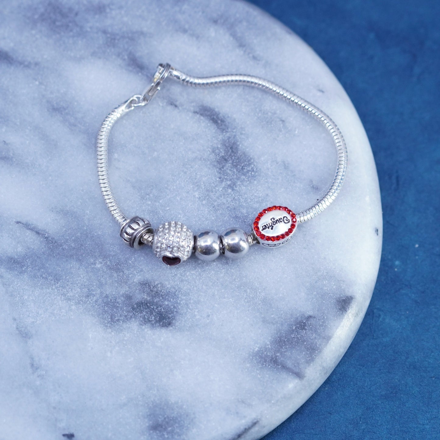7”, Sterling silver bracelet 925 bold snake chain cluster heart daughter charms