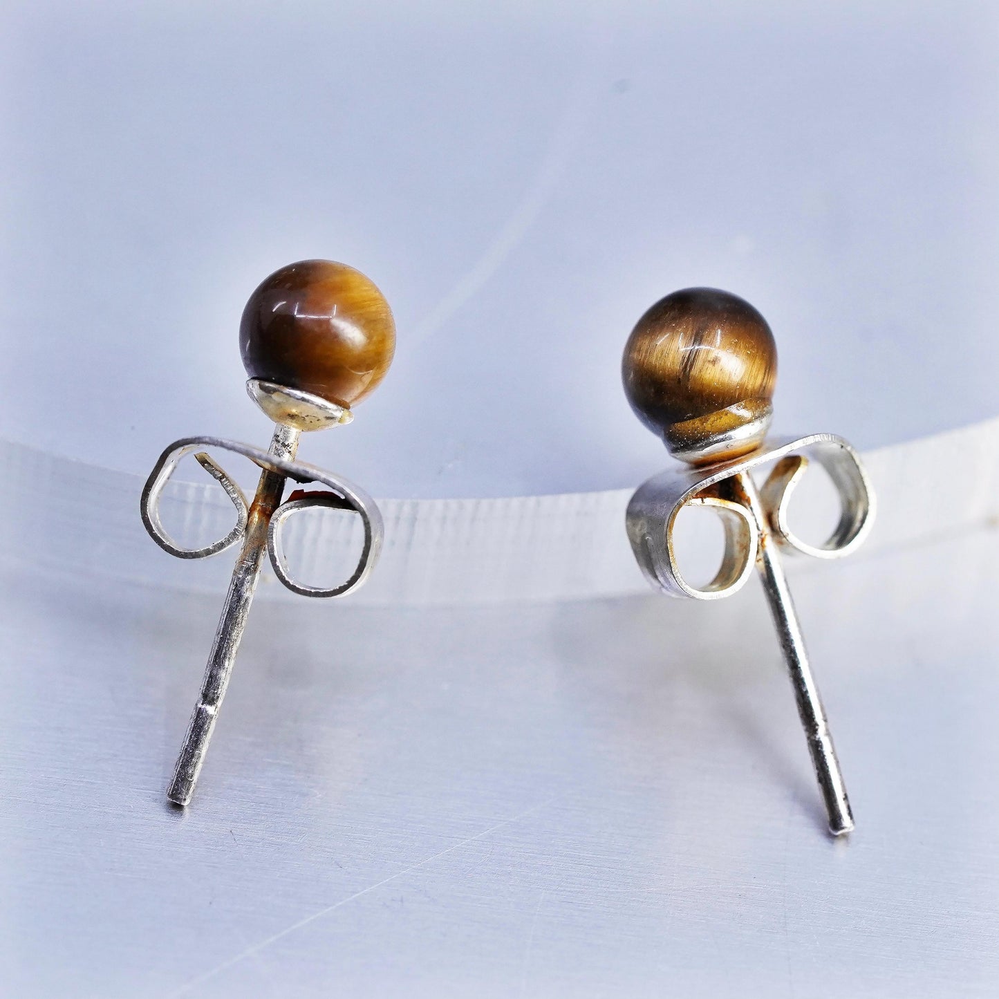 Vintage Sterling Silver Handmade Earrings, 925 studs W/ Golden Tiger Eye