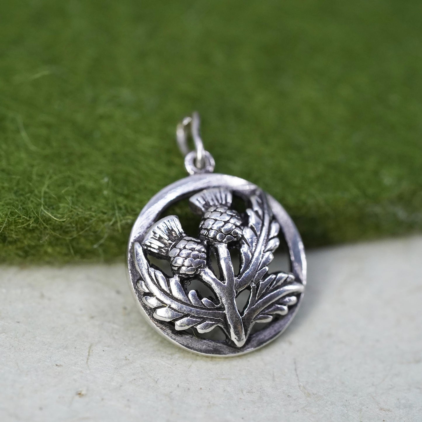 Vintage sterling silver handmade flower brooch, thistle circle pendant