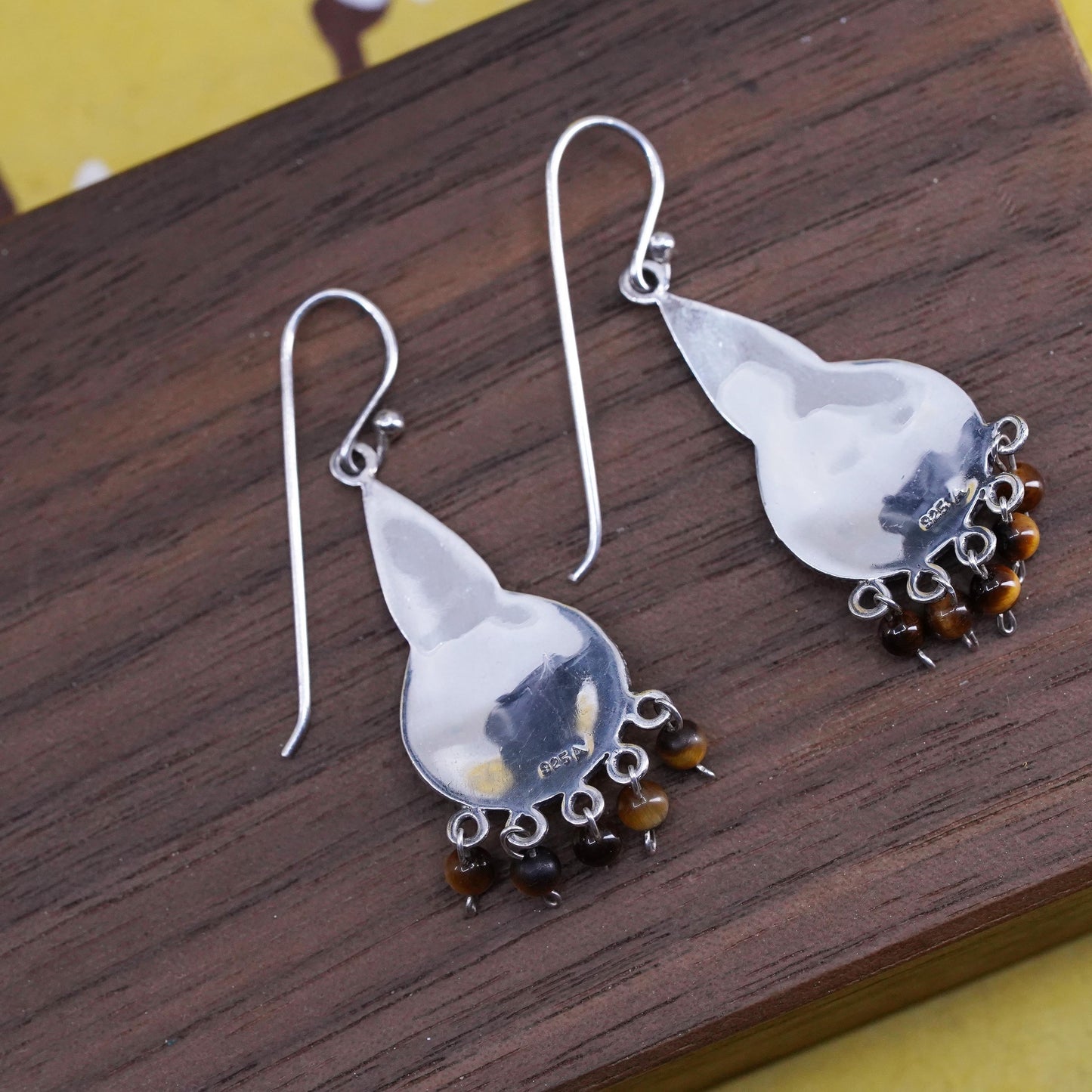 Sterling silver earrings, 925 filigree teardrop cluster golden tiger eye beads