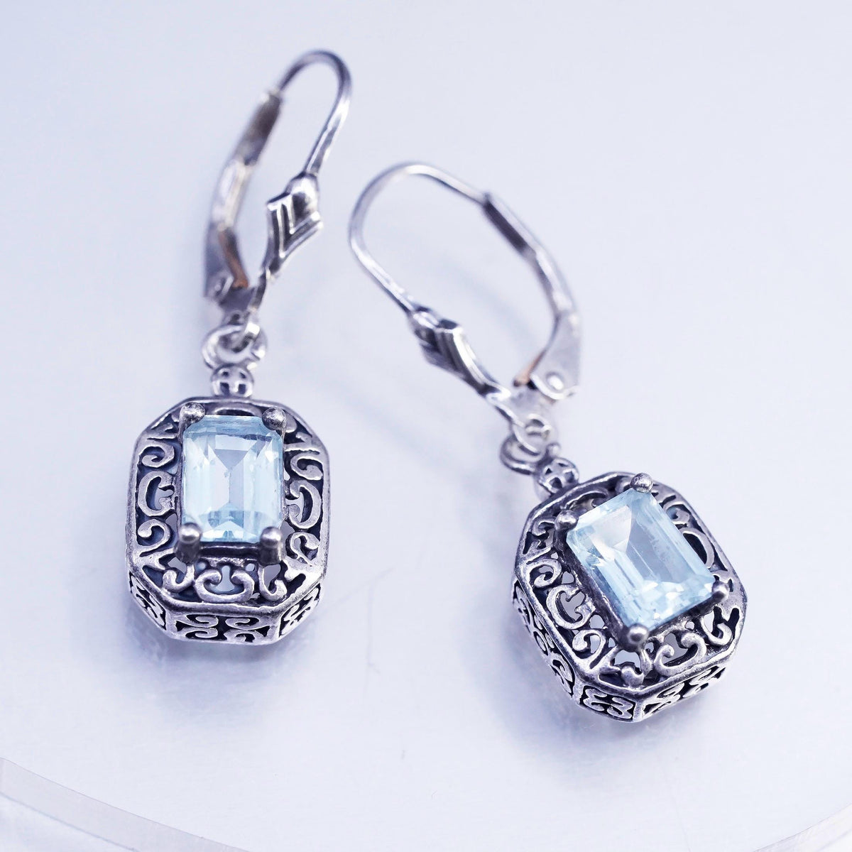 Sterling Silver Blue Topaz Earrings 925 Ornate Dangle Leverback Earrings
