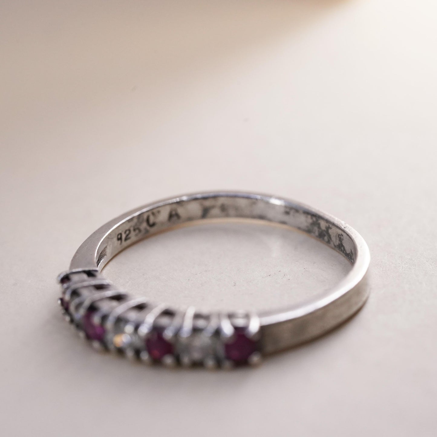 Size 9.25, Vintage sterling 925 silver handmade stackable ring with ruby and cz