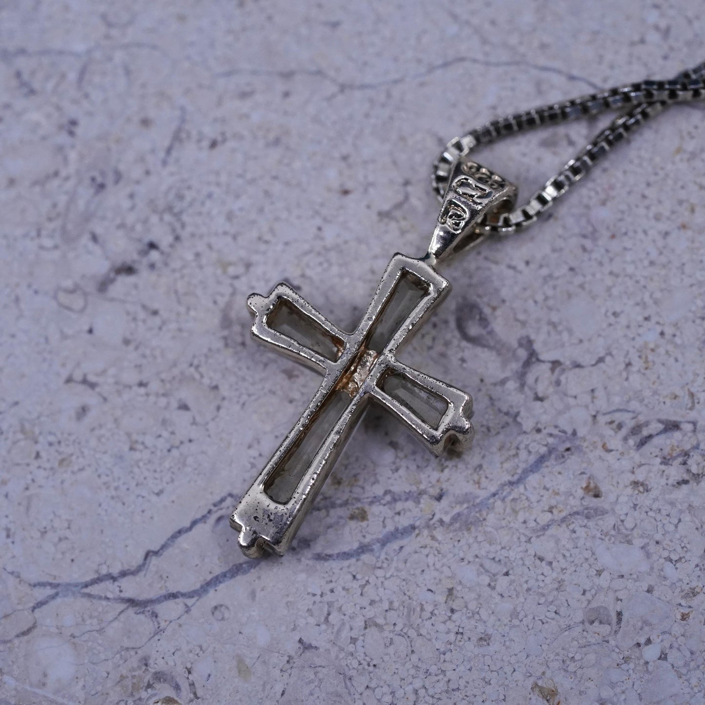 18”, Vintage vermeil gold over Sterling 925 silver box necklace with cz cross