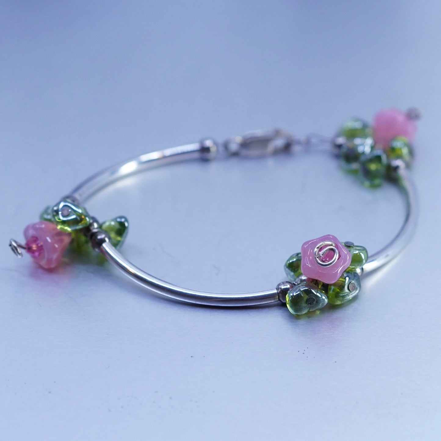7.25”, vintage Sterling 925 silver curve tube bracelet with pink green glass