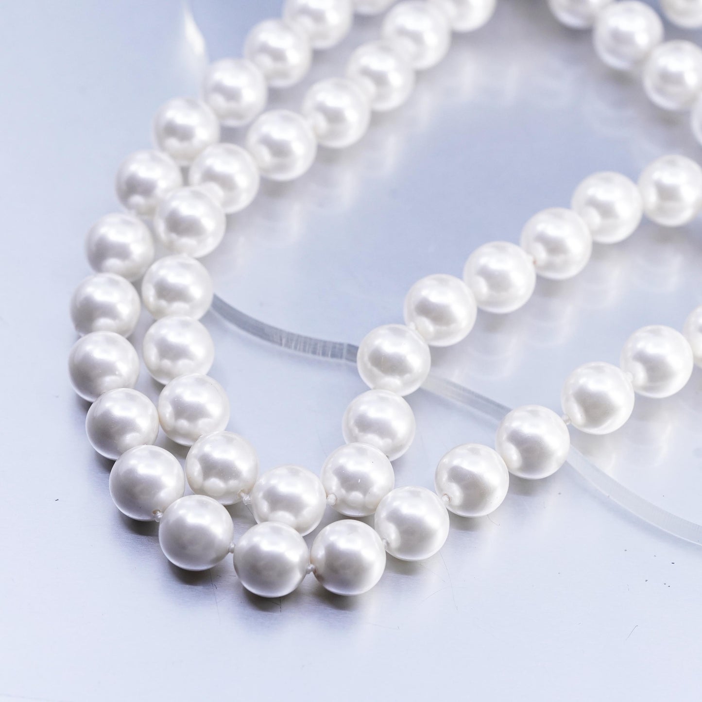 16", Sterling 925 silver double strands necklace faux pearl beads flower clasp