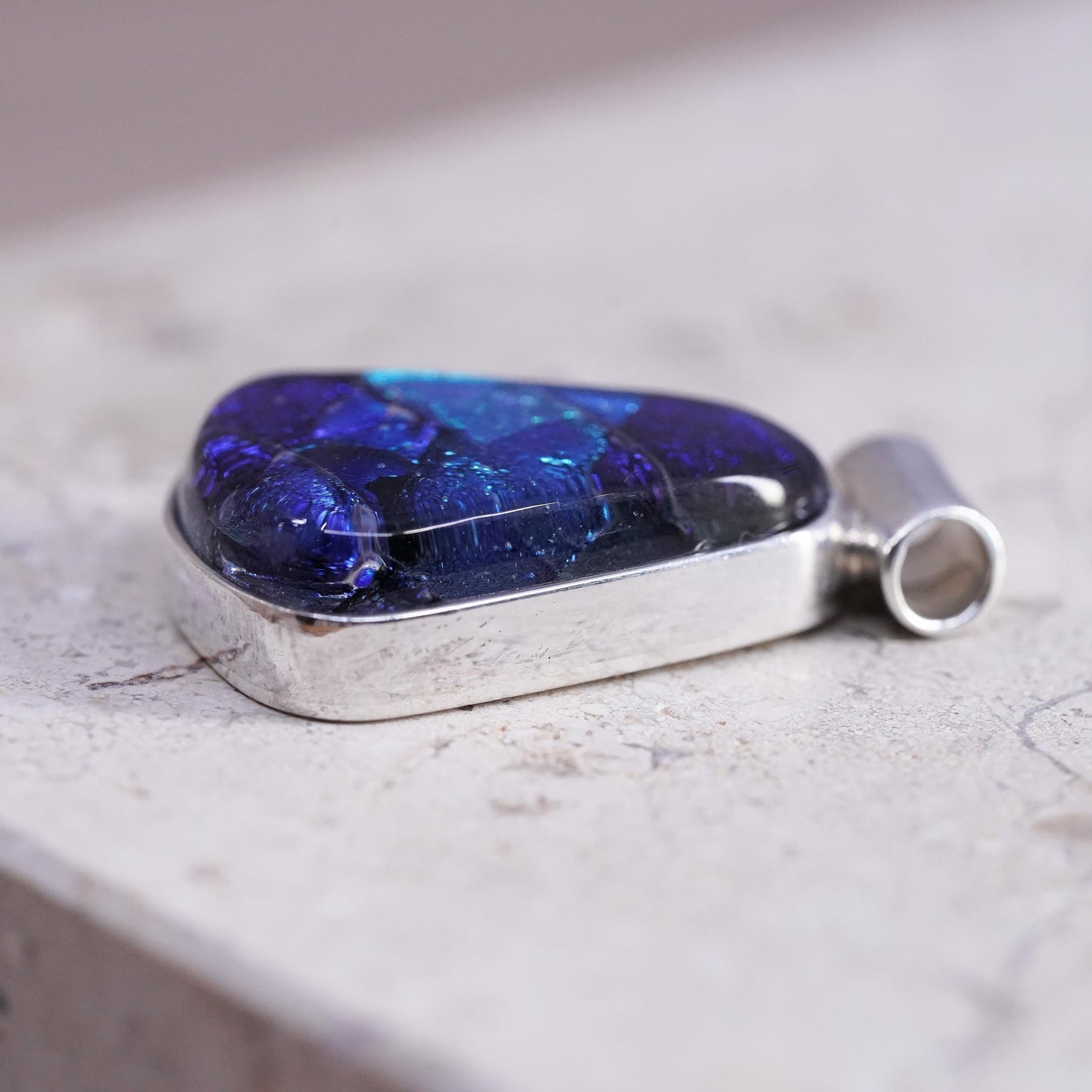 Vintage sterling 925 silver handmade teardrop pendant w/ dichroic foiled glass