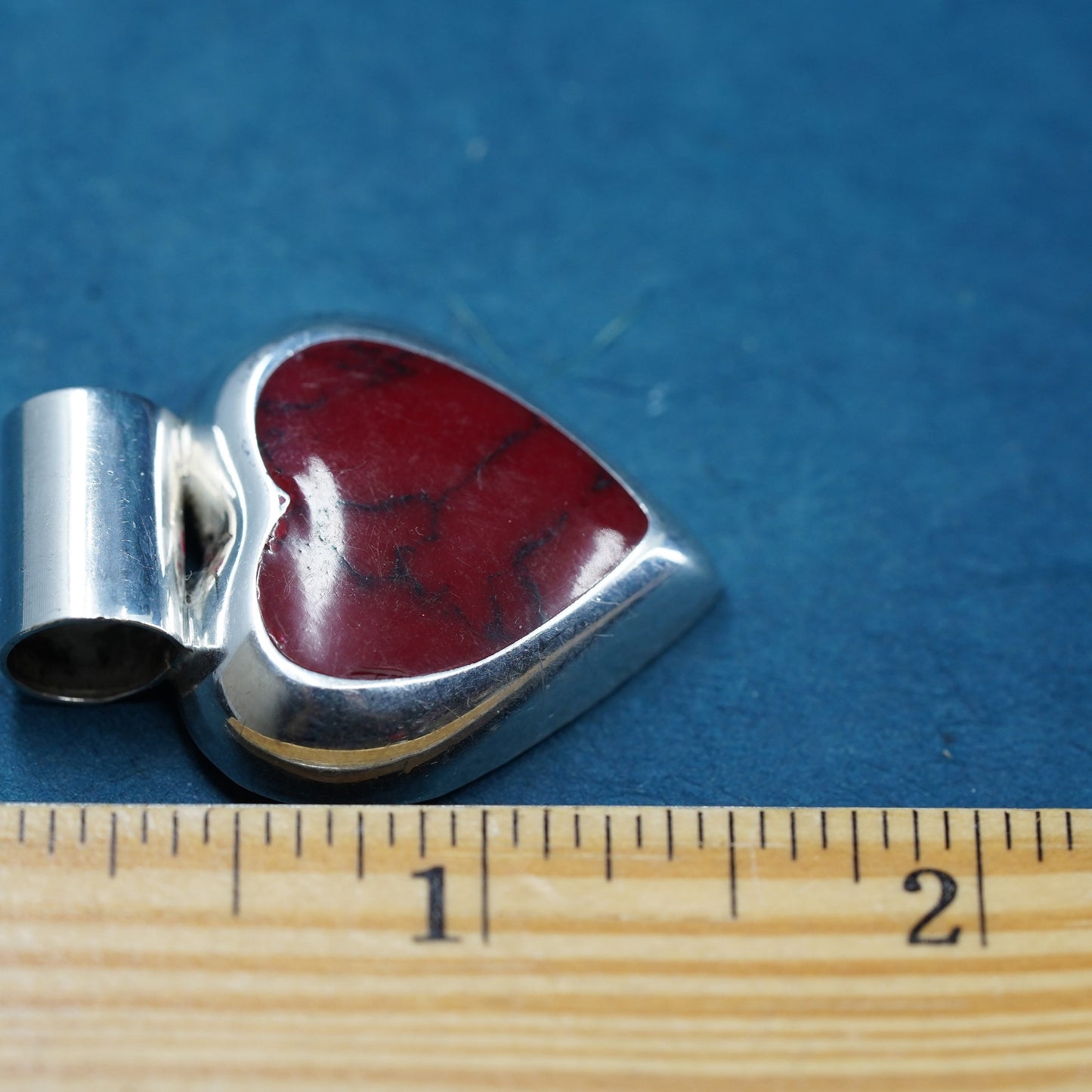 Vintage sterling silver handmade pendant, 925 heart with red jasper