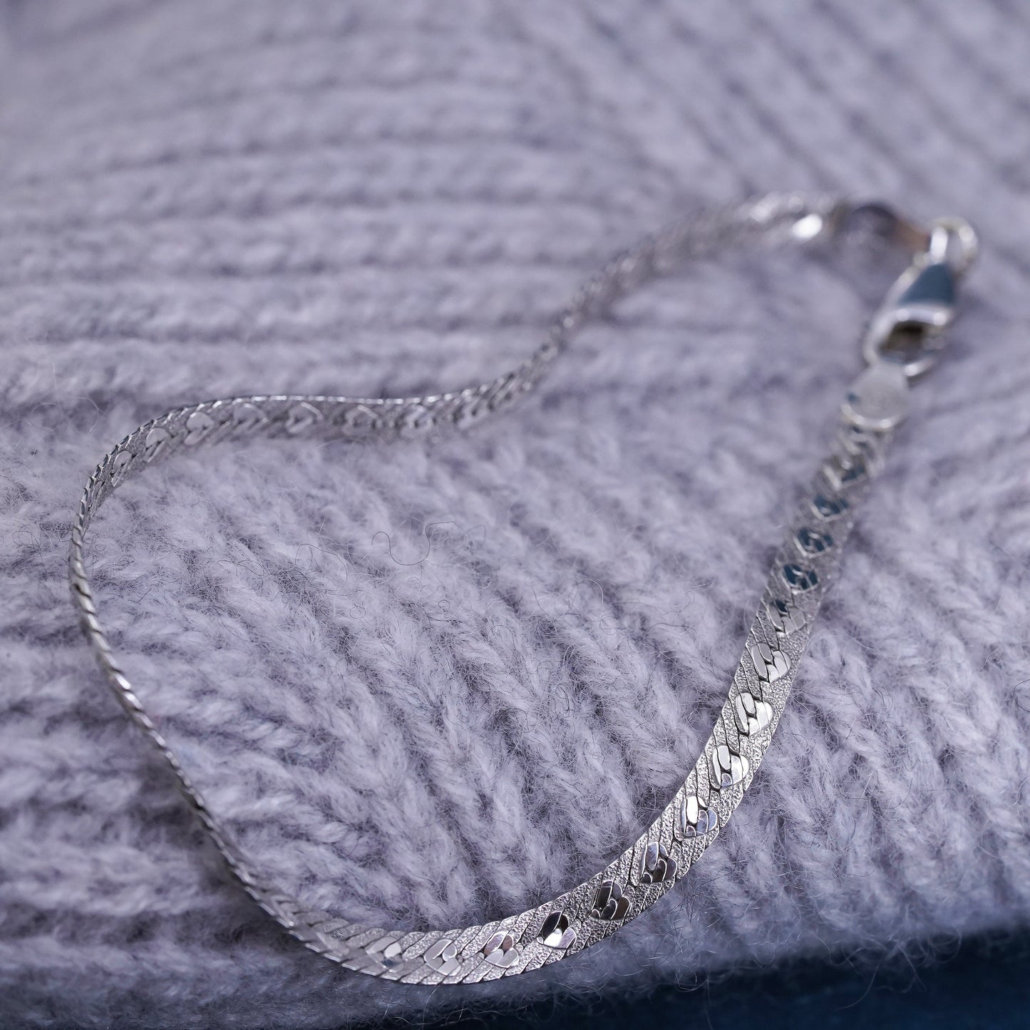 7”, Sterling silver handmade bracelet, heart textured 925 herringbone chain
