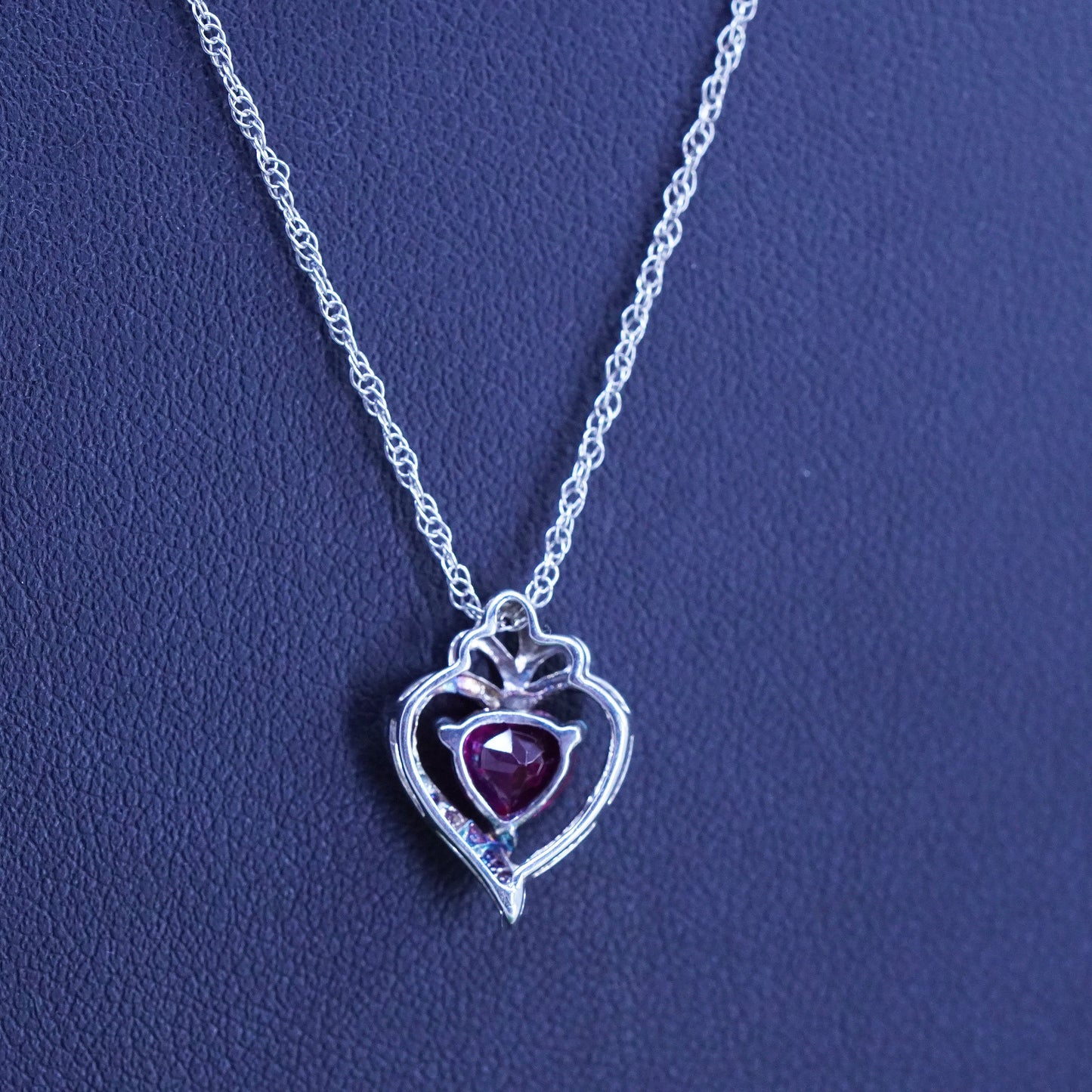 18", sterling silver necklace, 925 Singapore rope chain with ruby heart charms