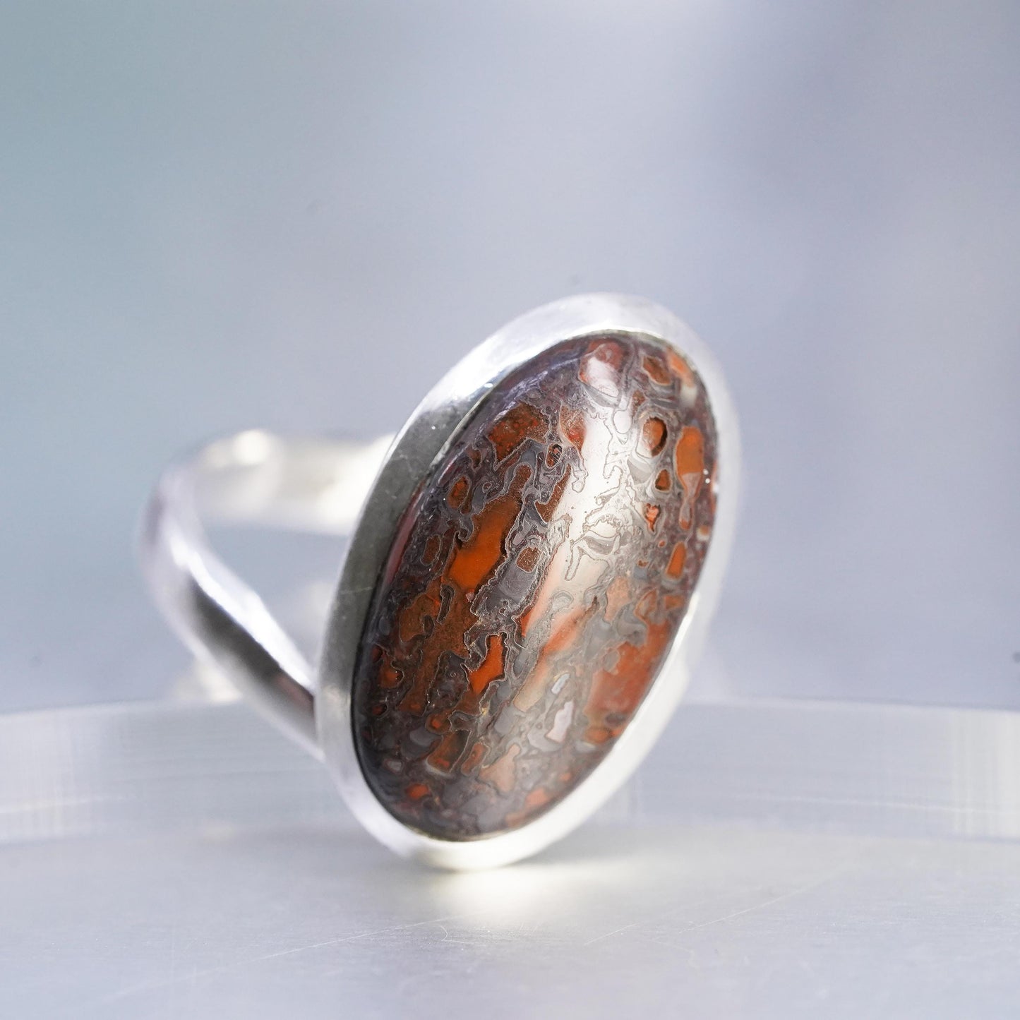 Size 9, VTG Sterling 925 silver statement ring w/ oval fossils Dinosaur Bone