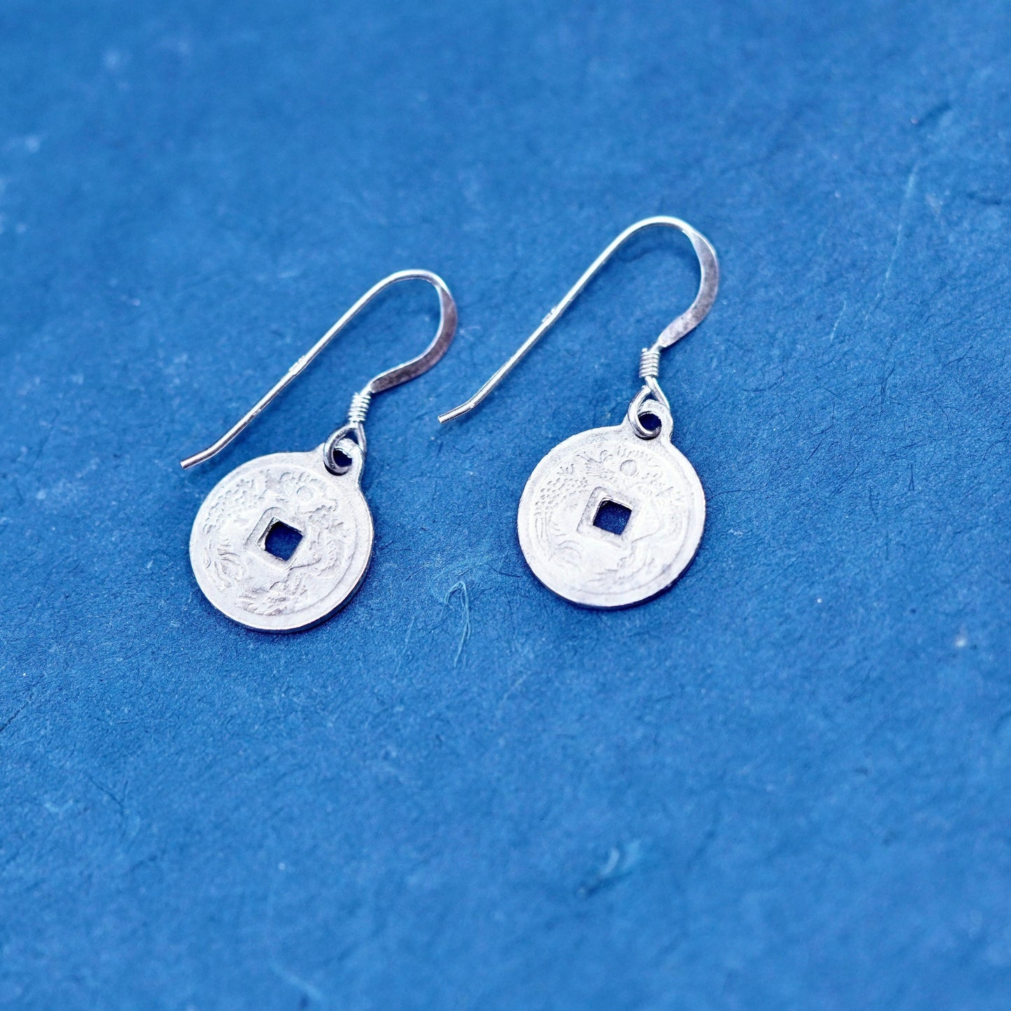 mexico Sterling Silver handmade Earrings. 925 ancient Chinese coin disc dangles