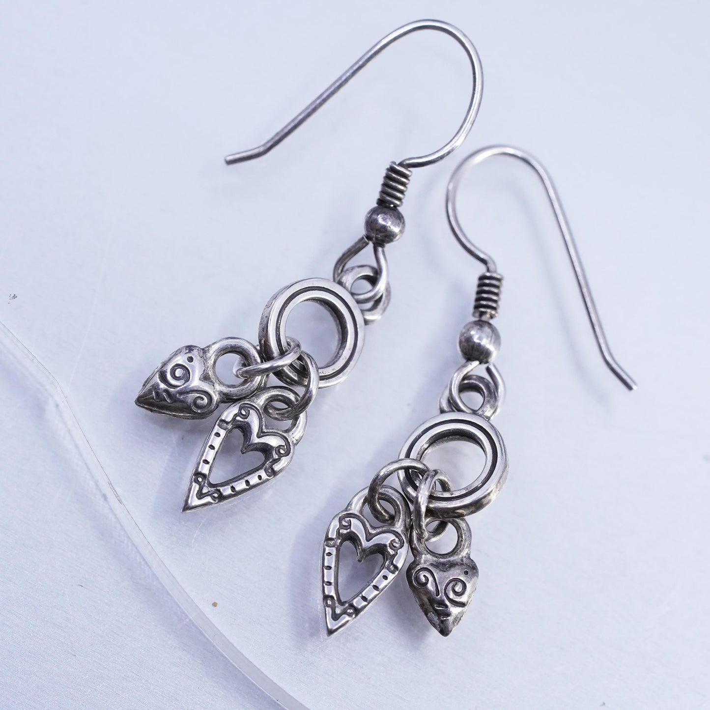 Vintage Sterling 925 silver handmade textured heart earrings