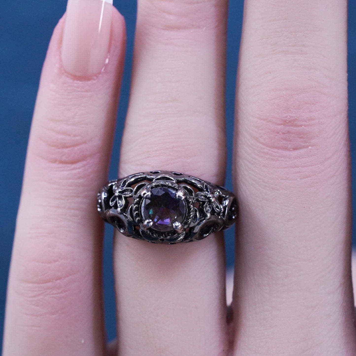Size 5, vintage oxidized sterling 925 silver handmade ring with rainbow topaz
