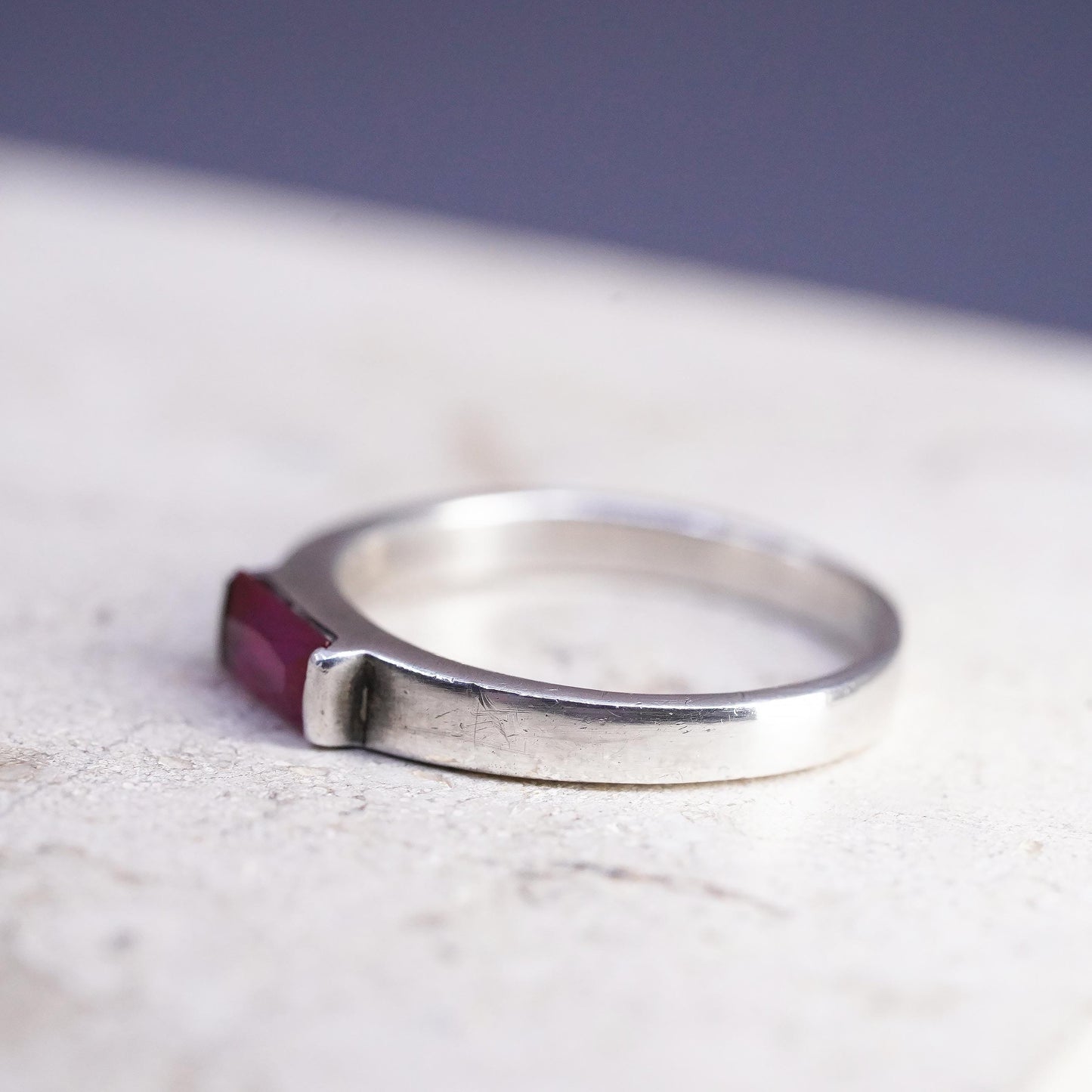 Size 7.25, vintage Sterling 925 silver handmade stackable ring with ruby inlay
