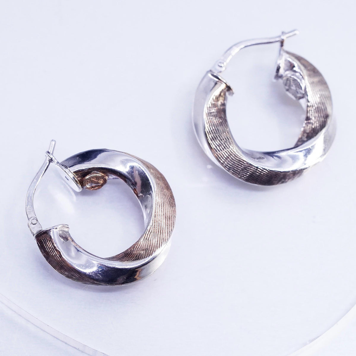 0.75" Two Tone 925 Sterling Silver Handmade Earrings Twisted Chain Studs huggie