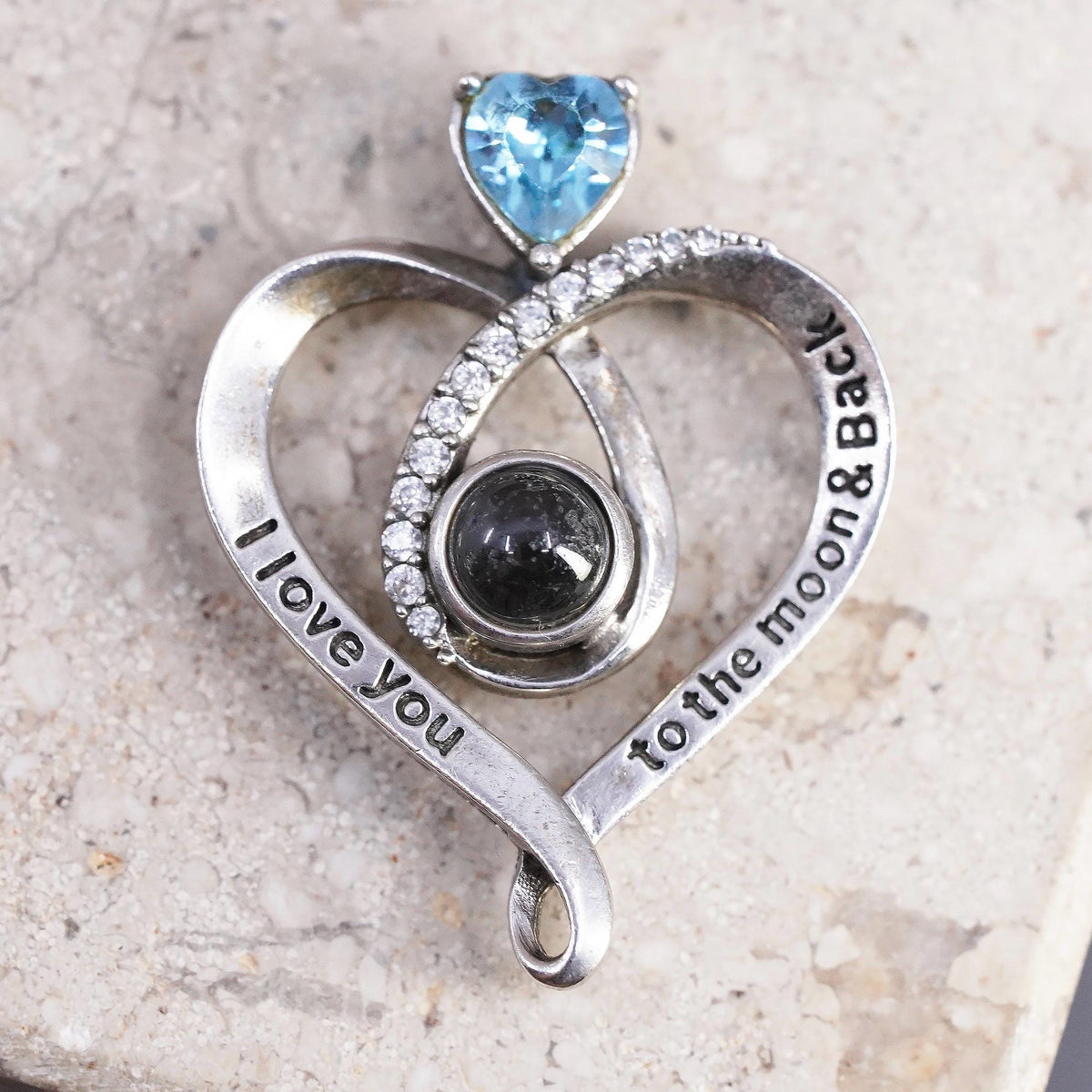 Vintage Sterling silver handmade pendant, 925 heart with blue cz I love you