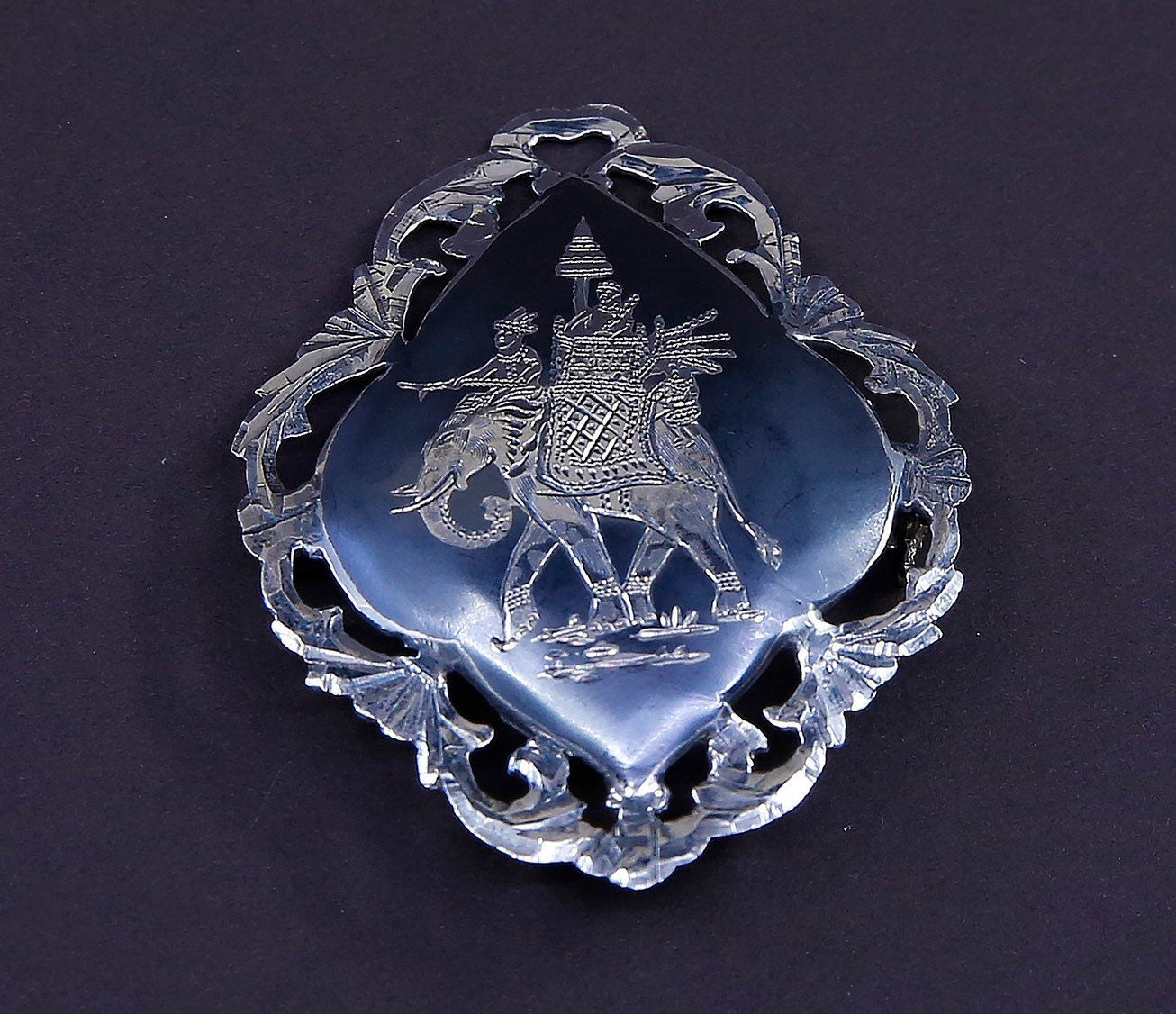Vintage Indian handmade oxidized sterling 925 silver brooch, pendant with elephant pattern embossed. stamped 925, signed Siam