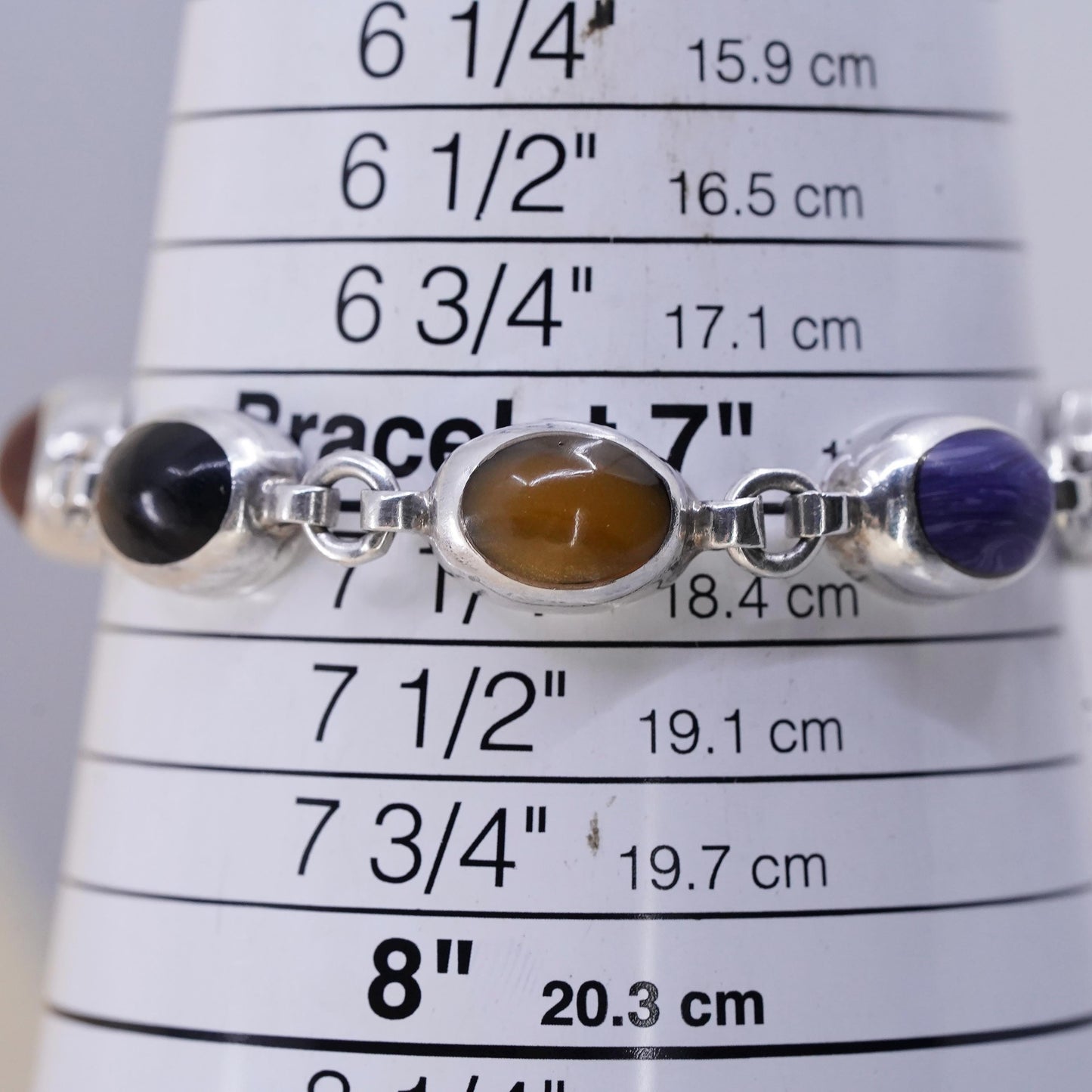 7” Sterling 925 Silver Multi Gemstone Bracelet, Turquoise Tiger Eye Agate Onyx
