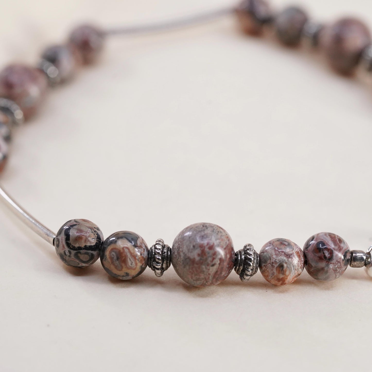 7.75”, Vintage Sterling 925 silver handmade bar bracelet with Jasper beads