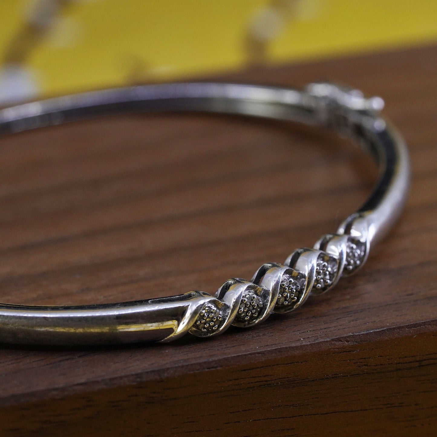 7”, Vintage Sterling silver bracelet, 925 hinged bangle with diamonds