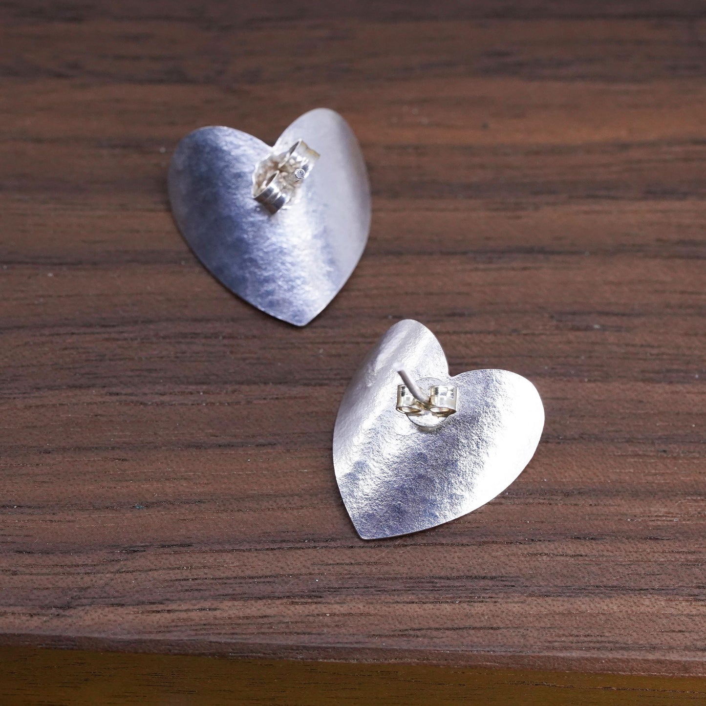 Vintage Sterling silver handmade earrings, textured 925 heart studs